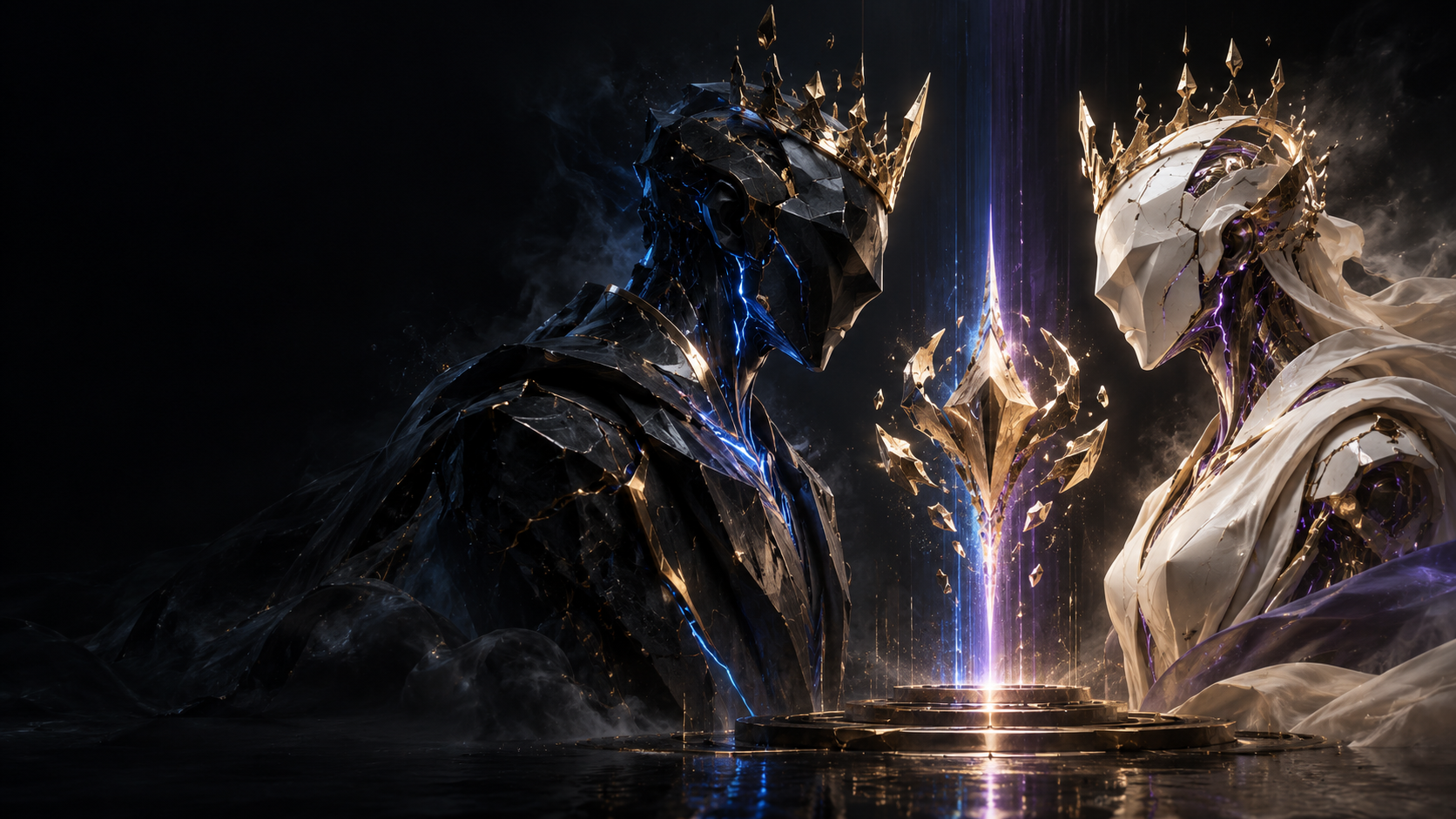Original concept illustration of two contrasting AI minds facing a gold arena core