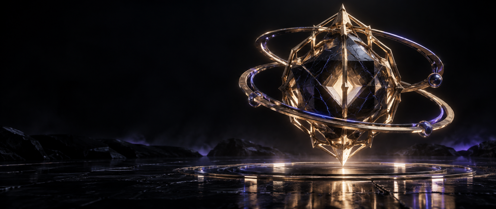 Original concept illustration of a dark treasury core suspended inside gold orbital rings